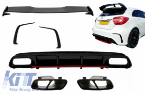 KITT brings you the new Rear Diffuser & Exhaust Muffler Tips Black with Splitters Fins and Roof Boot Spoiler suitable for MERCEDES A-Class W176 (2012-2018) A45 Facelift Design Red Edition