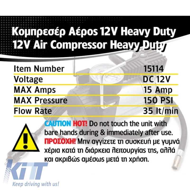 Air Compressor Metal With Pressure Gauge Premium Heavy Duty 12V 150Psi 15114