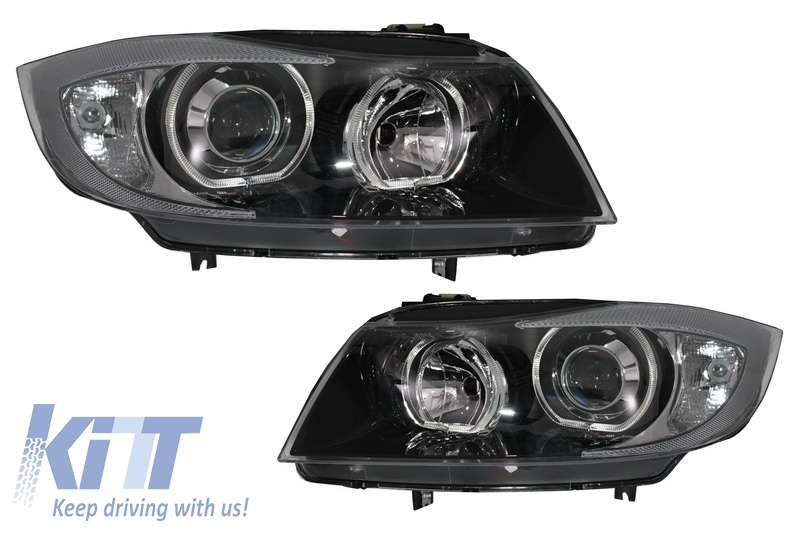 3D Angel Eyes LED DRL Xenon Headlights suitable for BMW 3 Series E90 E91  LCI (2008-2011) Black 