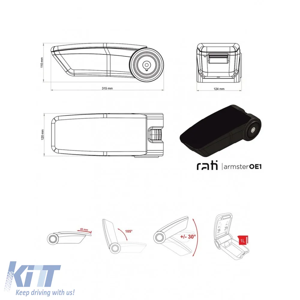Armrest Armster OE1 suitable for Hyundai I20 2020+ without original elbowrest, black color