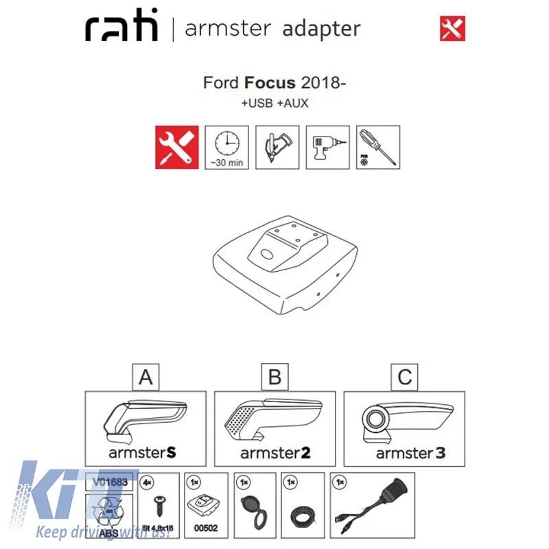 Armrest Base Dedicated Suitable for Ford Focus 18+ (+Usb+Aux Extension Cable) Armster Rati 1 Pc