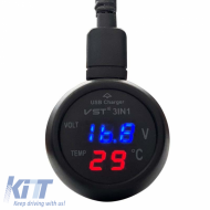Autós voltmérő, hőmérő és USB töltő 3in1, piros és kék kijelzővel 99103-image-6297514