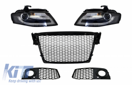 Badgeless Front Grille with Fog Lamp Covers and LED DRL Headlights suitable for AUDI A4 B8 8K (2008-2011) RS Design Piano Black - COCBAUA4B8RSBSGSW