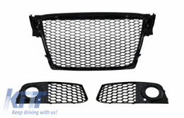 Badgeless Front Grille with Fog Lamp Covers Side Grilles suitable for Audi A4 B8 8K (2007-2012) RS Design Piano Black