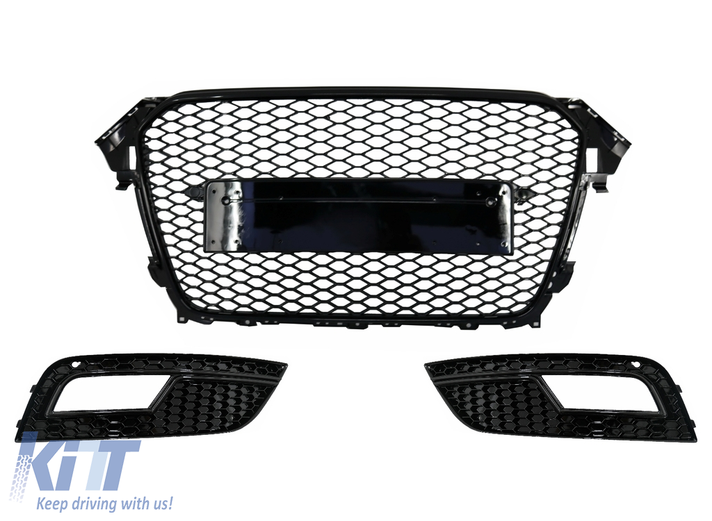 Jelvény nélküli első hűtőrács ködlámpa fedelekkel, AUDI A4 B8 Facelift (2012-2015) RS Design Honeycomb Piano Black & PDC borításokhoz