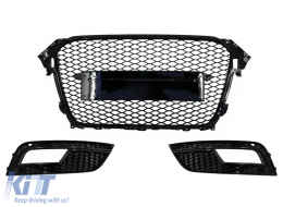 Badgeless Front Grille with Fog Lamp Covers suitable for Audi A4 B8 Facelift (2012-2015) RS Design Honeycomb Piano Black & PDC Covers - COFGAUA4B8FRSBPDCB