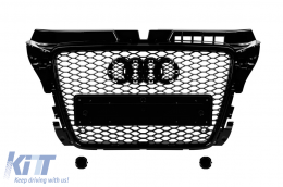 Black lacquer RS3 type grille suitable for Audi A3 2008-2011 for models equipped with standard bumper, with emblem base, with parking sensor openings - ABAUGR6007362