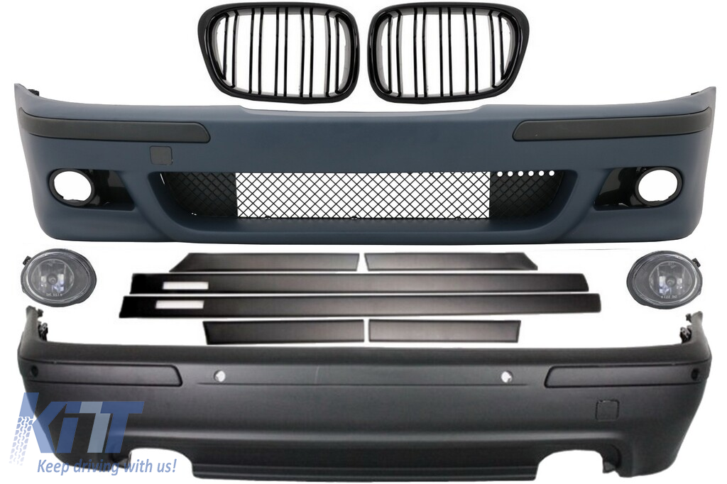 BMW 5-ös sorozatú E39 (1997-2003) dupla kimenetű M5 kivitelhez használható karosszéria-készlet PDC+Grog Lights Chrom és központi rácsokkal, zongorafekete+ajtó díszlécekkel