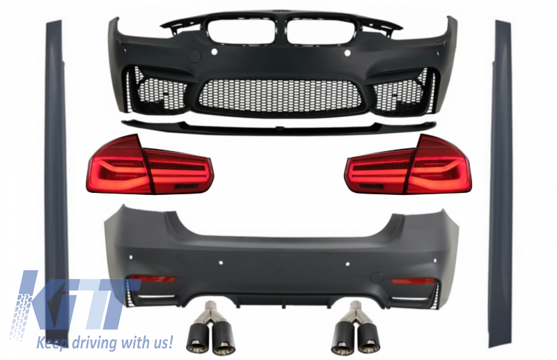Karosszériakészlet kettős kipufogó kipufogóvégekkel, BMW F30-hoz (2011-2019) és LED-es hátsó lámpákkal, dinamikus szekvenciális kanyarodólámpákkal EVO II M3 CS Style ködlámpa nélkül