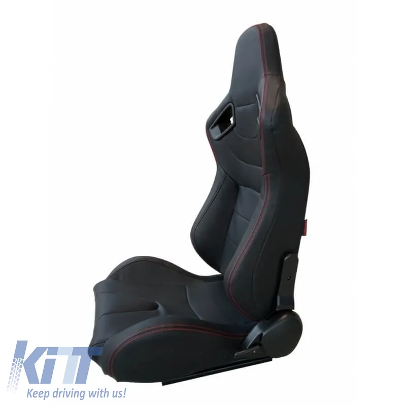 Bucket Seats R8 Style PVC Black With Red Stitching Pair 2 Pcs