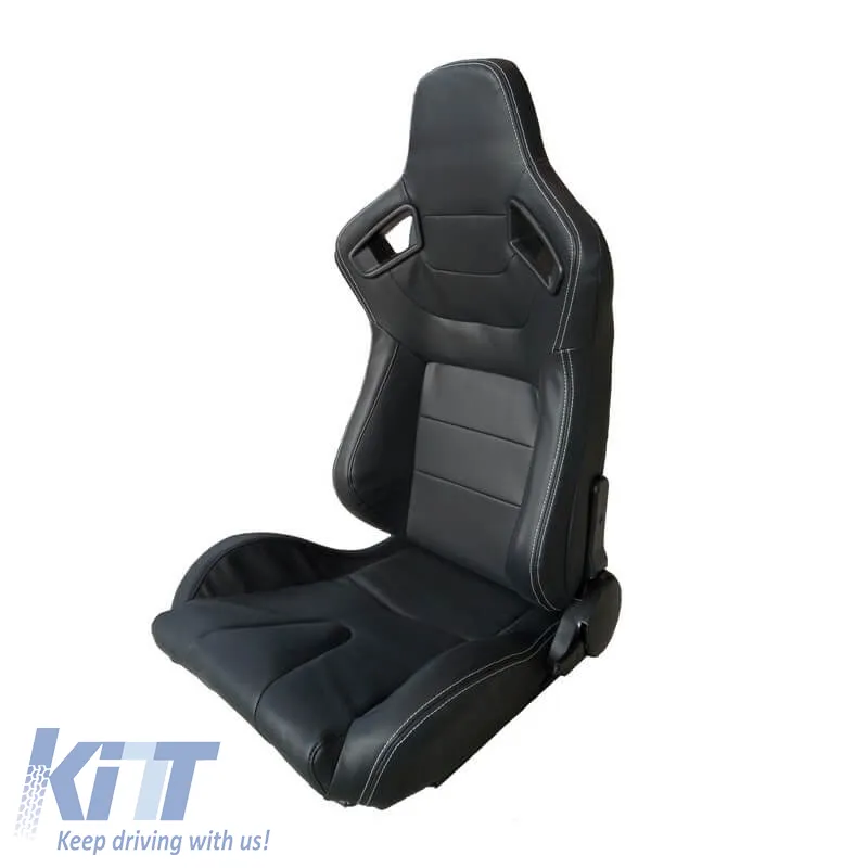 Bucket Seats R8 Style PVC Black With White Stitching Pair 2 Pcs