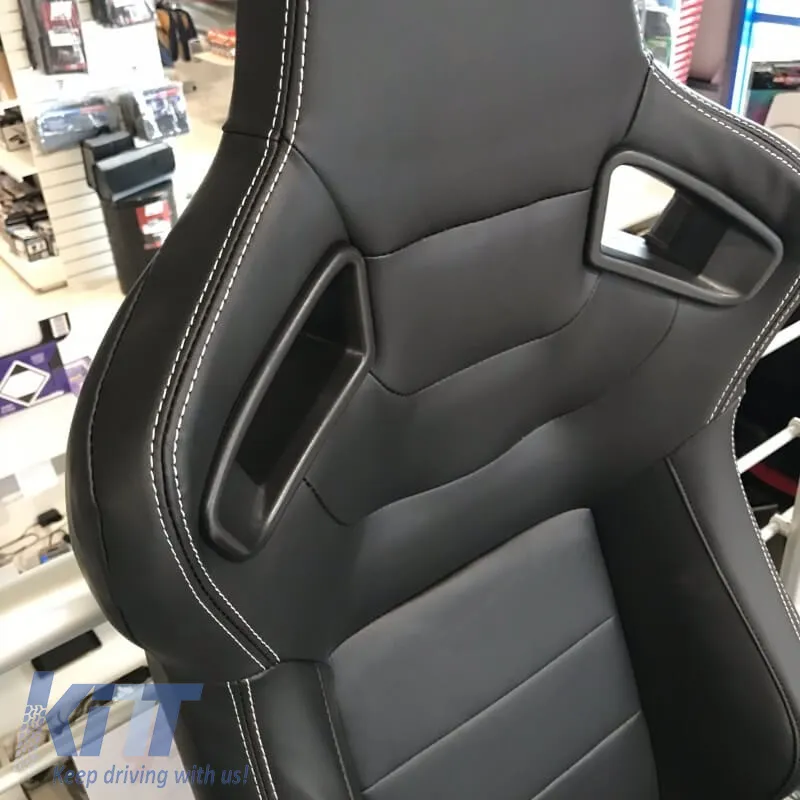 Bucket Seats R8 Style PVC Black With White Stitching Pair 2 Pcs