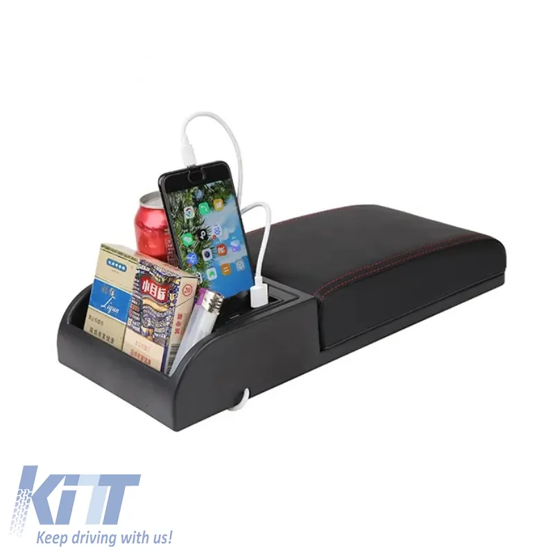 Car Armrest Add On With Drink Holder & Storage Compartment & 2 Usb Ports Black Universal