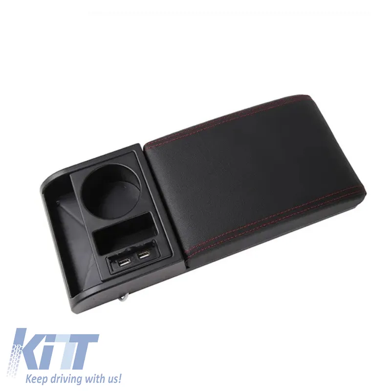 Car Armrest Add On With Drink Holder & Storage Compartment & 2 Usb Ports Black Universal