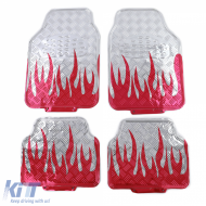 Car floor mat set universal aluminum checker plate look flames 4-piece chrome red - ODFMAR6013139