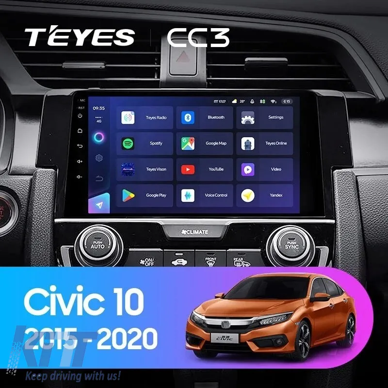 Car Navigation with AI Assistance Teyes CC4 PRO suitable for Honda Civic 10 2015-2020 8+128GB 9.5 QLED, Android 13, 5G, 7.1 DSP, CarPlay