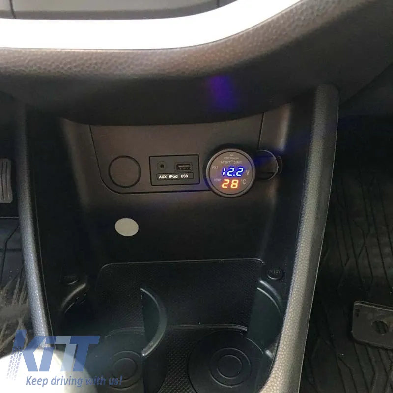 Car Voltmeter Thermometer USB Charger 3in1 With Red And Blue Numbers 99103