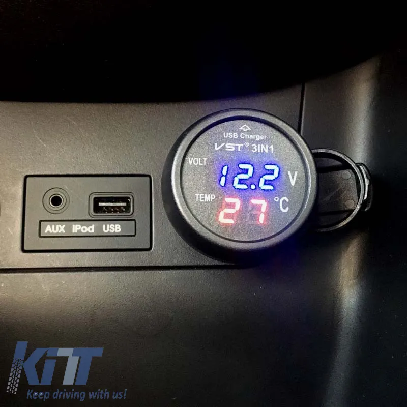 Car Voltmeter Thermometer USB Charger 3in1 With Red And Blue Numbers 99103