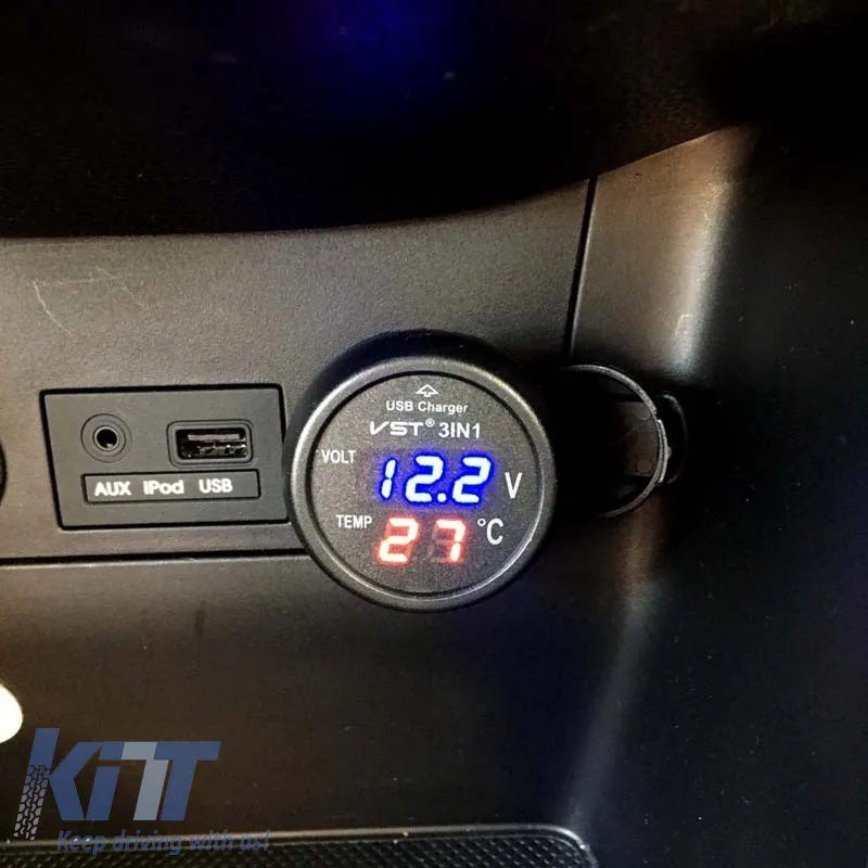 Car Voltmeter Thermometer USB Charger 3in1 With Red And Blue Numbers 99103
