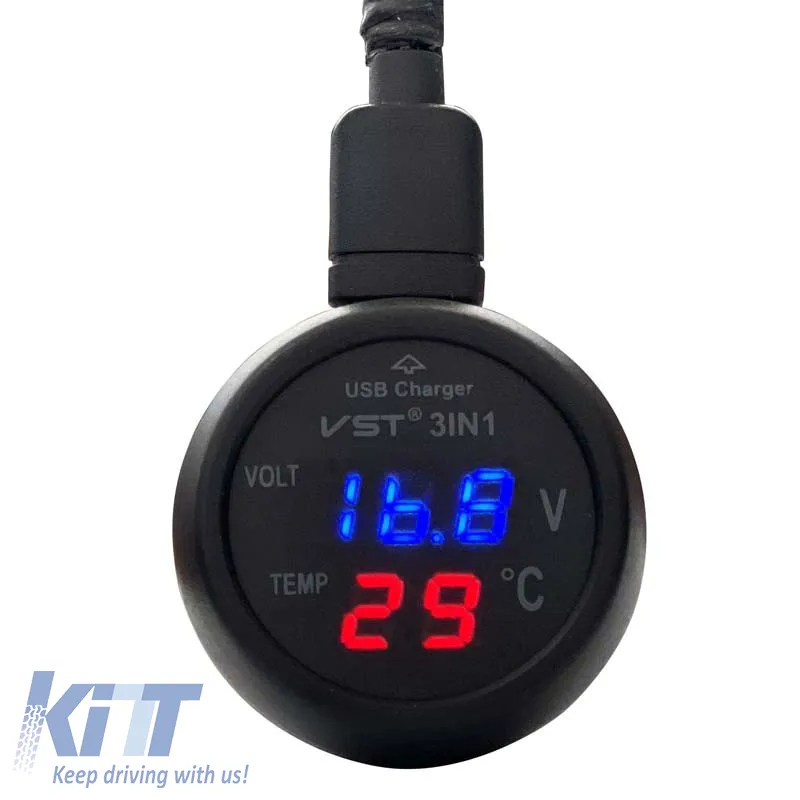Car Voltmeter Thermometer USB Charger 3in1 With Red And Blue Numbers 99103