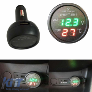 Car Voltmeter Thermometer USB Charger 3in1 With Red And Green Numbers 99162