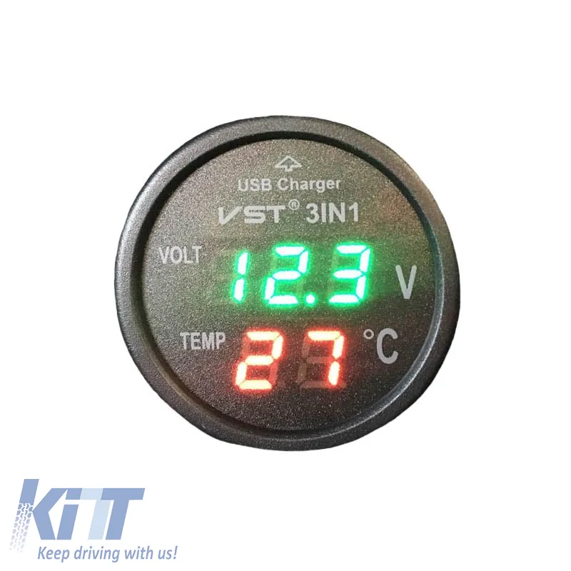 Car Voltmeter Thermometer USB Charger 3in1 With Red And Green Numbers 99162