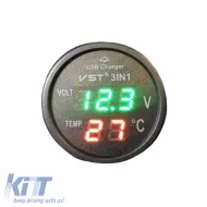 Car Voltmeter Thermometer USB Charger 3in1 With Red And Green Numbers 99162-image-6297517