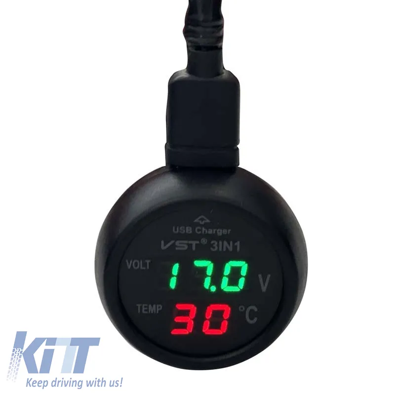 Car Voltmeter Thermometer USB Charger 3in1 With Red And Green Numbers 99162