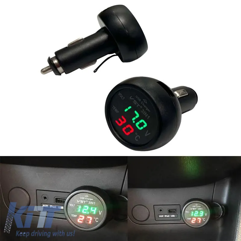 Car Voltmeter Thermometer USB Charger 3in1 With Red And Green Numbers 99162