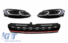 Central Badgeless Grille with RHD LED Headlights Sequential Dynamic Turning Lights suitable for VW Golf 7.5 VII Facelift (2017-up) GTI Design Red and Chrome - COFGVWG7FGTICHLSRHD