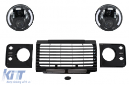 image-12-Central Grille & Headlights Covers Assembly  suitable for Land ROVER  Defender 90 110 (1990-2016) Black SVX Design with 7 Inch CREE LED Headlights Half Halo Black