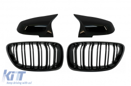 Central Kidney Grilles Double Stripe with Mirror Covers suitable for BMW 2 Series F22 F23 (2014-up) M Design Piano Black - COFGBMF22DPBB