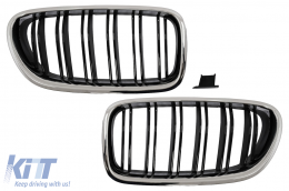 Central Kidney Grilles suitable for BMW 5 Series F10 F11 (2010-2017) Chrome Frame Piano Black Double Stripe - FGBMF10DPBC