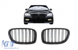 Central Kidney Grilles suitable for BMW 7 Series F01 F02 F03 (2008-2015) Double Stripe M Design Piano Black-image-6080598
