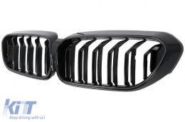 Central Kidney Grilles with LED suitable for BMW 5 Series G30 G31 Sedan Touring (2017-2019) Double Stripe Design Piano Black-image-6114391