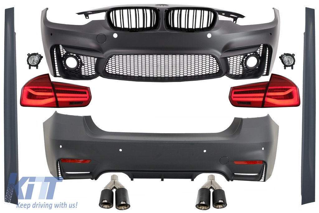 Komplett karosszériakészlet BMW 3-as sorozatú F30-hoz (2011-2019) LED-es hátsó lámpákkal, dinamikus szekvenciális kanyarodással és kipufogó-hegyekkel szén