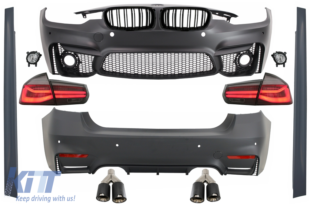 Komplett karosszéria-készlet BMW 3-as sorozatú F30-hoz (2011-2019) LED-es hátsó lámpákkal, dinamikus szekvenciális kanyarodólámpákkal és kipufogó-hegyekkel szén