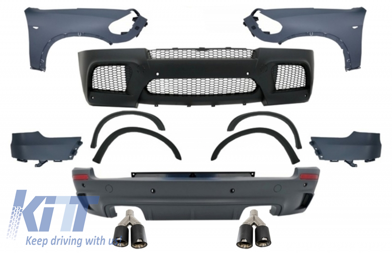 Komplett karosszériakészlet első sárvédőkkel és kettős kipufogóvégekkel, szénszálas matt, BMW X5 E70 (2007-2013) X5M M Design számára