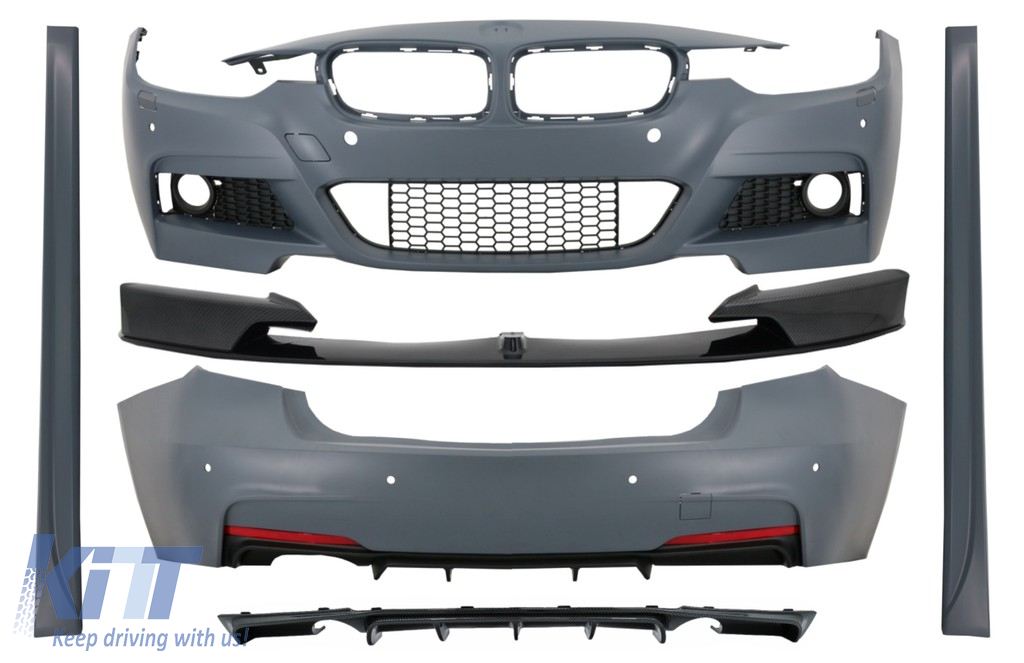 Komplett karosszériakészlet elülső légterelő osztóval és diffúzorral, kettős kimenetű, egy kipufogóval, alkalmas BMW 3-as sorozatú F30 (2011-2019) M-Performance Design Carbonhoz