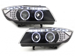 DAYLINE Headlights suitable for BMW E90 E91 05+ 2 Halo Rims Drl Optic LED Black-image-64752