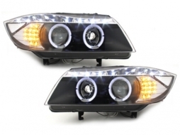 DAYLINE Headlights suitable for BMW E90 E91 05+ 2 Halo Rims Drl Optic LED Black-image-64753