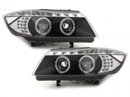 DAYLINE Headlights suitable for BMW E90 E91 05+ 2 Halo Rims Drl Optic LED Black-image-64755