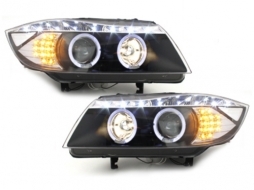 DAYLINE Headlights suitable for BMW E90 E91 05+ 2 Halo Rims Drl Optic LED Black-image-64756