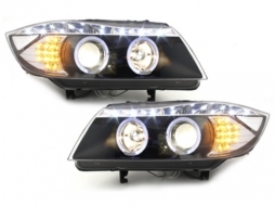 DAYLINE Headlights suitable for BMW E90 E91 05+ 2 Halo Rims Drl Optic LED Black-image-64757