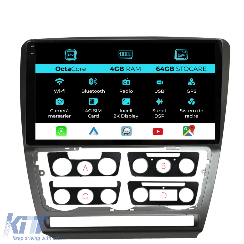 Dedicated Navigation suitable for Skoda Octavia 2 (2004 - 2013), 2K, 4Gb RAM, 64Gb Storage, Android Auto, Carplay