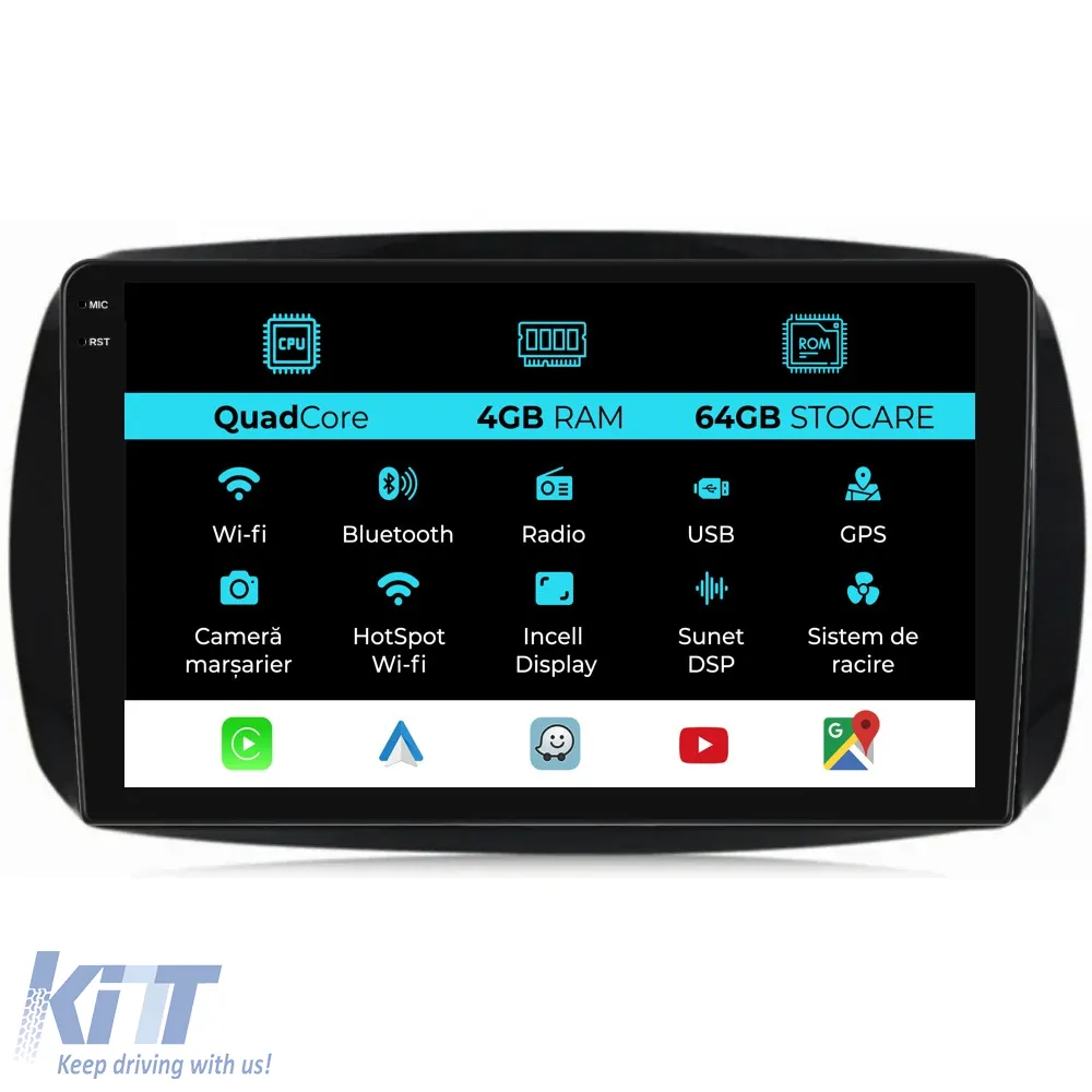 Dedicated Navigation suitable for Smart For Four (2016 - 2021), QuadCore, 9 Inch, 4Gb Ram, 64Gb Storage, Android Auto, Carplay