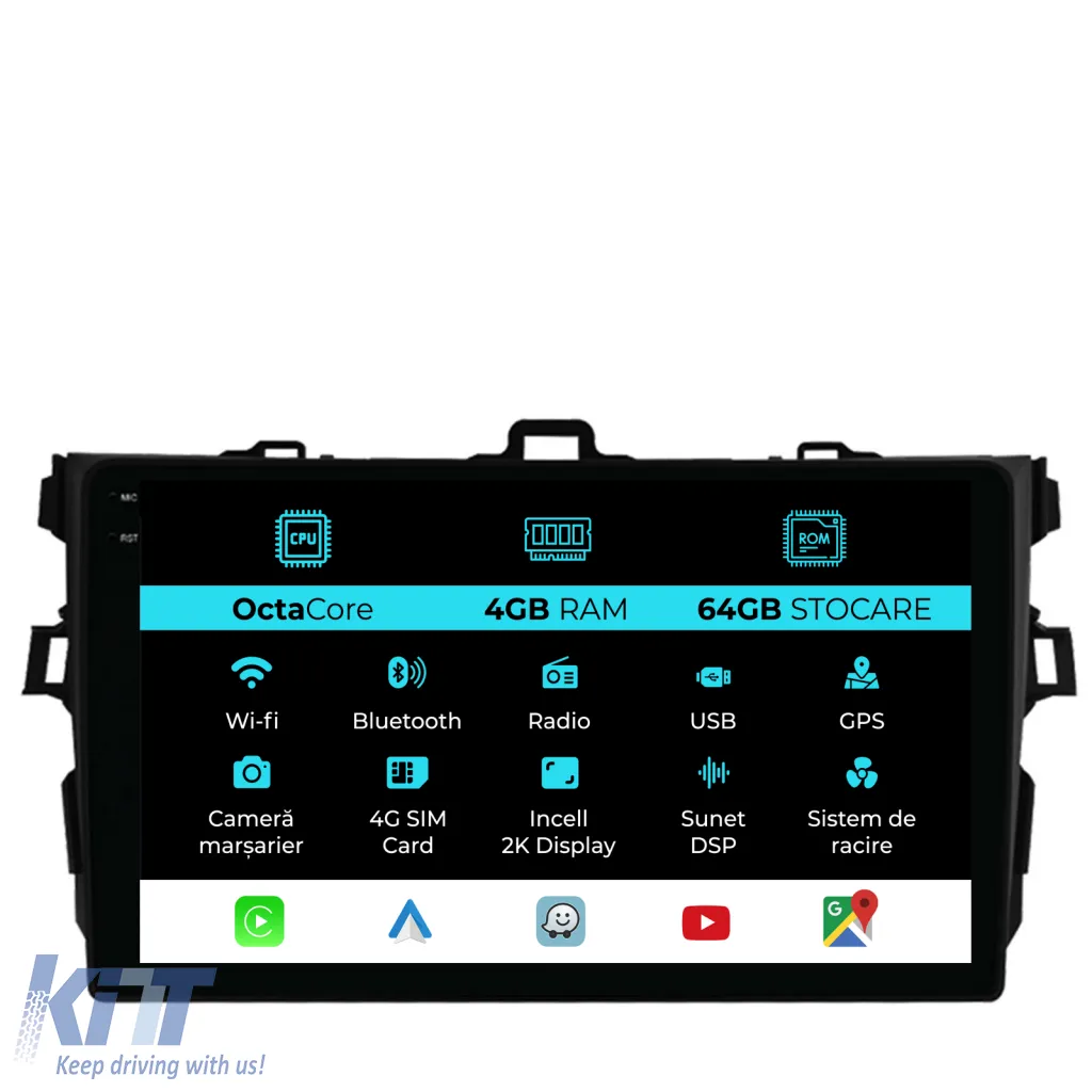 Dedicated Navigation suitable for Toyota Corolla (2006 - 2013), 2K, 4Gb RAM, 64Gb Storage, Android Auto, Carplay