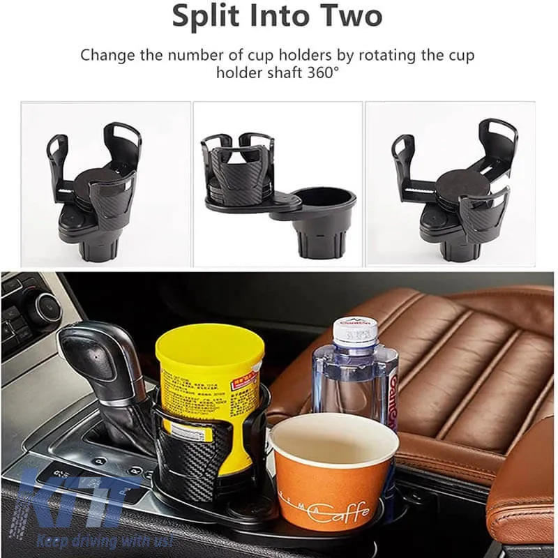 Drink Holder 2 In 1 Dual Cup Mount Extender Organizer 360° Rotating Adjustable Base Carbon