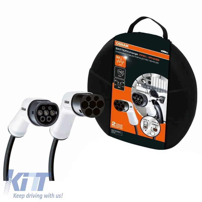 Electric Car Single Phase Charging Station Cable 7 Pin 32Amp 7.2 kWh 5 Meters Type 2 - Type 2 Osram OCC23205