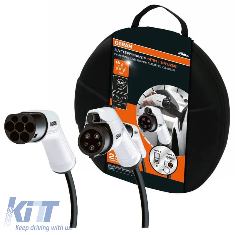 Electric Car Single Phase Charging Station Cable 5 Pin 16Amp 3.6 kWh 5 Meters Type 2 - Type 1 Osram ΟCC11605